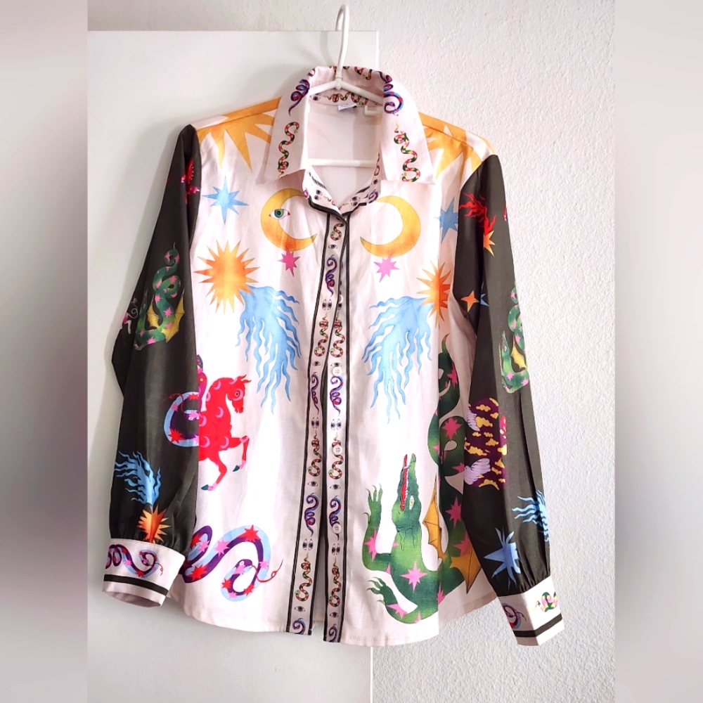LIKE MY CHOICE | Boho Multicolor Graphic Print | Loose Long Sleeve Shirt | Small - Picture 1 of 7